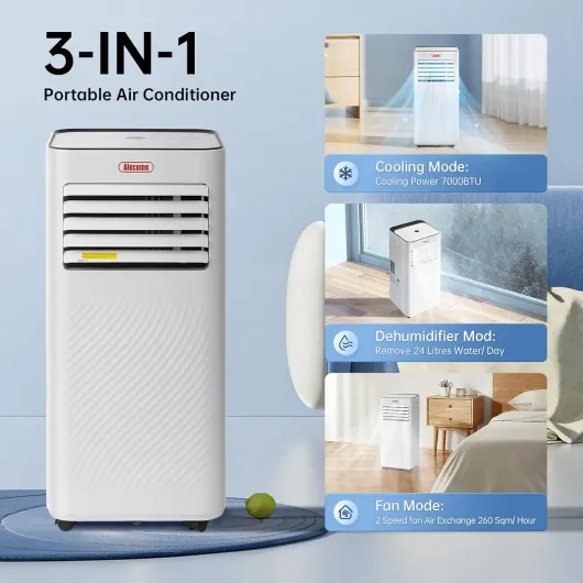 Portable Air Conditioner, 4-In-1 Air Conditioning Unit 7000 BTU, Dehumidifier, Cooling Fan with 2 Fan Speeds,Digital Display, Remote Control, 24 Hour Timer & Window Venting Kit for Rooms Up to 20sqm