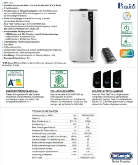 De'Longhi Pinguino PACEX100 Silent - Portable Air Conditioner with Real Feel Technology - 110m³, 10,000 BTU, A++ Energy Efficiency