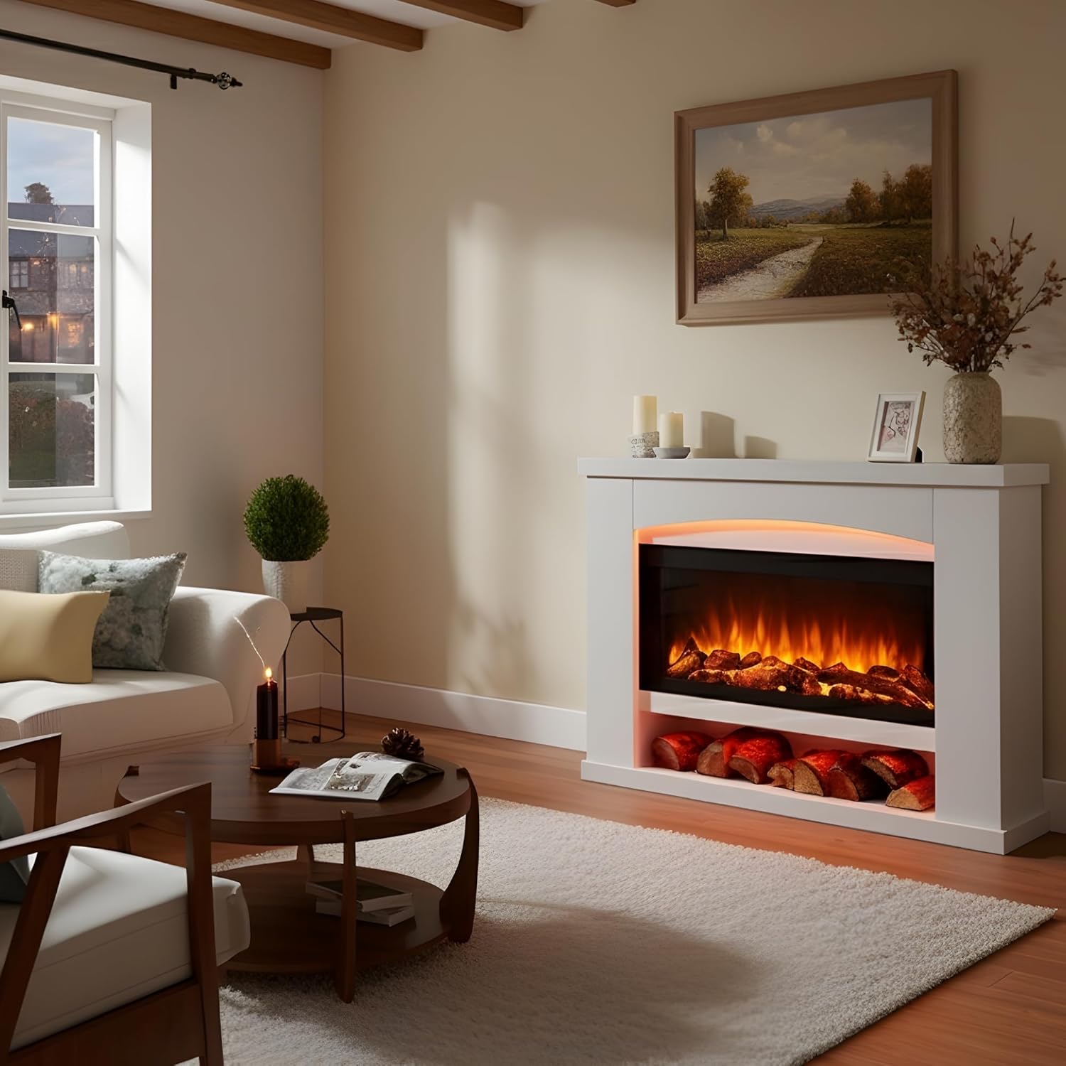 Endeavour Fires Duggleby 48" Electric Fireplace Suite with Realistic Flame & Log Effect Fire, 13-Colour LED Lighting, Remote Control, Off-White Surround & Hearth 28D x 120W x 87.6H centimetres