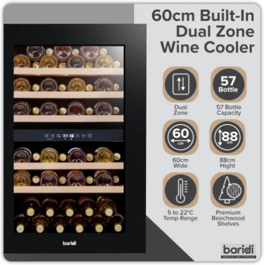Baridi 60cm Built-In Dual Zone 57 Bottle Wine Cooler with Beech Wood Shelves, Black - DH118