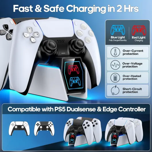 PS5 Controller Charger Station - Compatible with Playstation 5 Edge & Dual Controller Gaming, Games Charging Station with Cable, PlayStation Games Dock Stand for with LED Indicators, White
