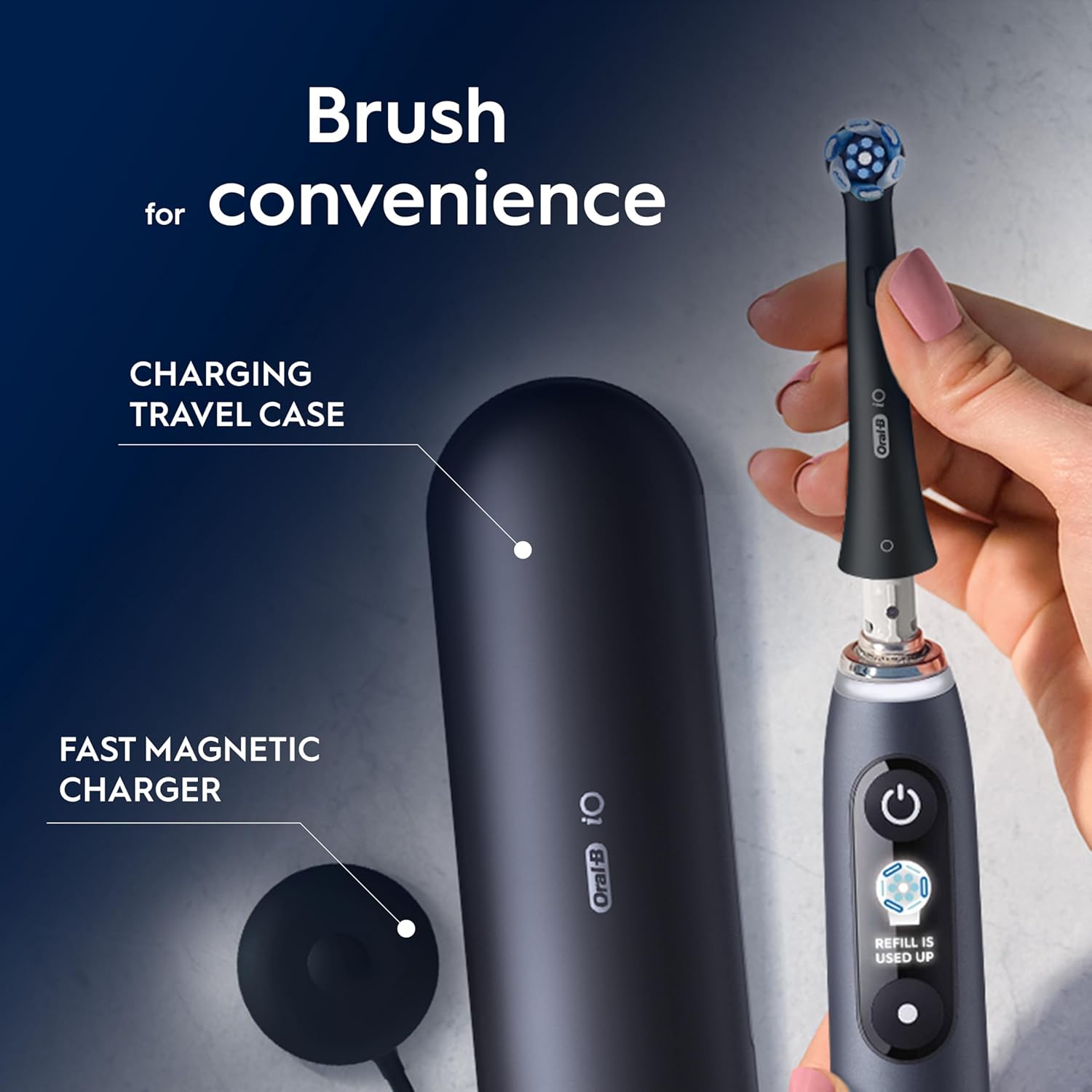 Oral-B iO9 Electric Toothbrush for Adults, Black, App Connected Handle, 7 Cleaning Modes, Includes 3 Brush Heads, Charging Travel Case and Head Holder, Long-Lasting Battery for Home Travel, 2 Pin Plug Handle + Refills Black