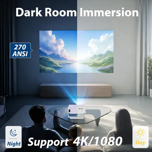 2026 Smart Projector Built-in-Apps, Android TV, Supported 4K/Native 1080P, 270 ANSI, Wifi 6 Bluetooth 5.2, Portable Mini Movie Projector for Bedroom Home, Auto Keystone, iOS/Switch/PS5 standard White