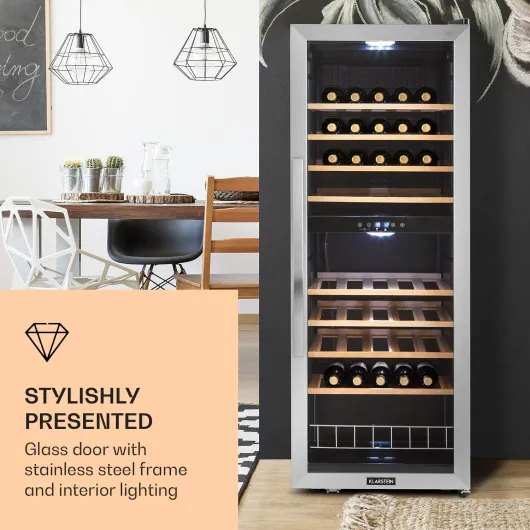 Wine Cooler Fridge, Dual Zone Wine Fridge with Glass Door, 2 Programmable Cooling Zones, Touch Controls, LED Display, 5-18 °C Range, 40 dB Low Noise, 54 Bottles / 148L Drinks Fridge, Black 54 bottles - 1 Zone Silver/Black