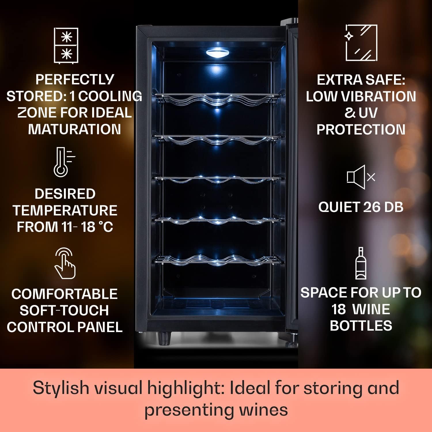 Free-standing Wine Cooler Drinks Fridge, Single Zone Wine Fridges Drinks Cooler, Indoor/Outdoor Small Beer Fridge with Glass Door, UV Protection Refrigerator w/Touch Pad, 4-22°C, 18 Bottles 18 Botellas