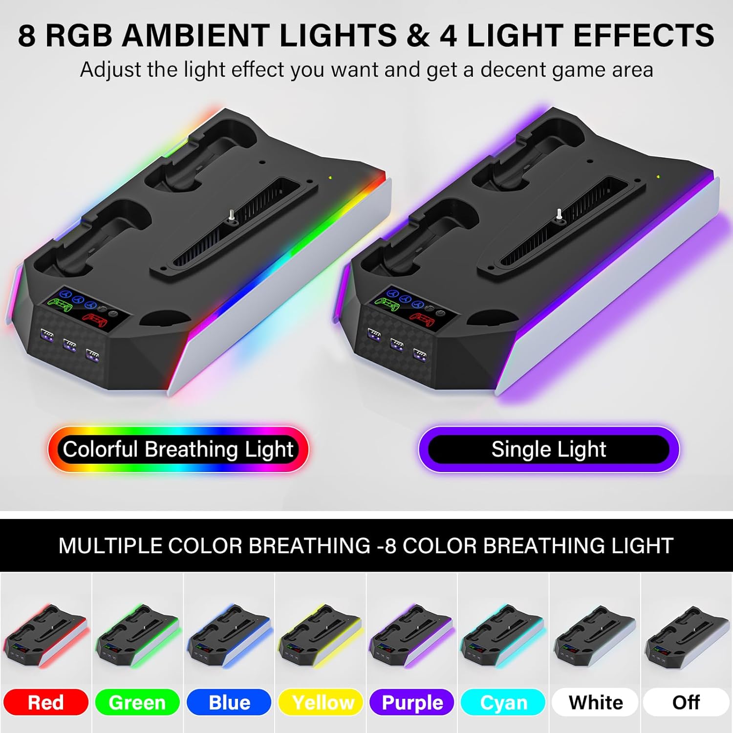 PS5/Slim/Pro Cooling Station Stand RGB with Dual Controller Charging Station for PlayStation 5 Console, PS5 Accessories Incl - Controller Charger, Cooling Fan, Headset Holder, 3 USB Hub-White&Black RGB White&Black