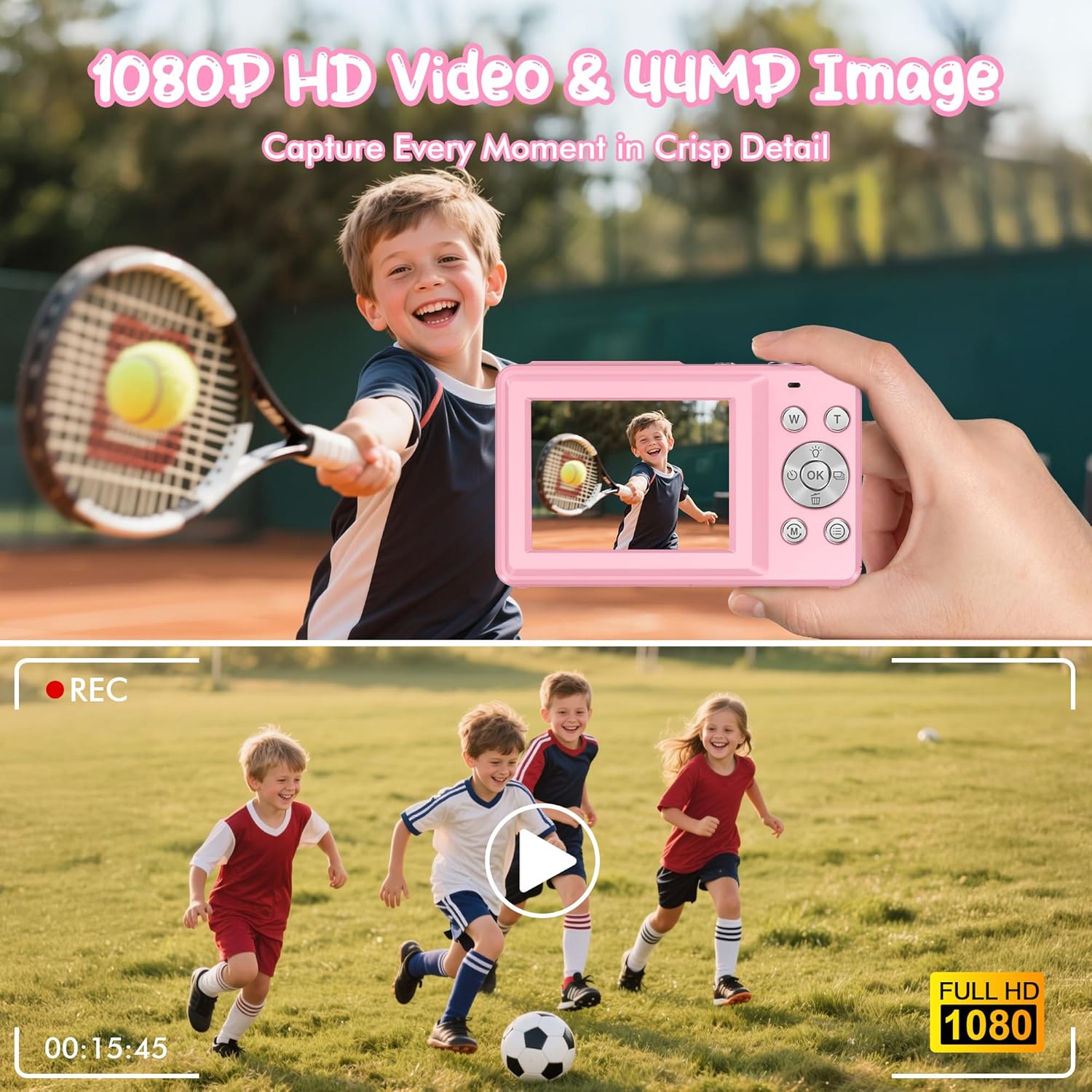 Digital Camera 1080P 44MP Vlogging Camera for Kids Teens, FHD Compact Portable Photo Camera with 2.4" Screen 16X Zoom, Anti-shake Mini Camera for Beginners Students Boys Girls-Pink（No SD Card)