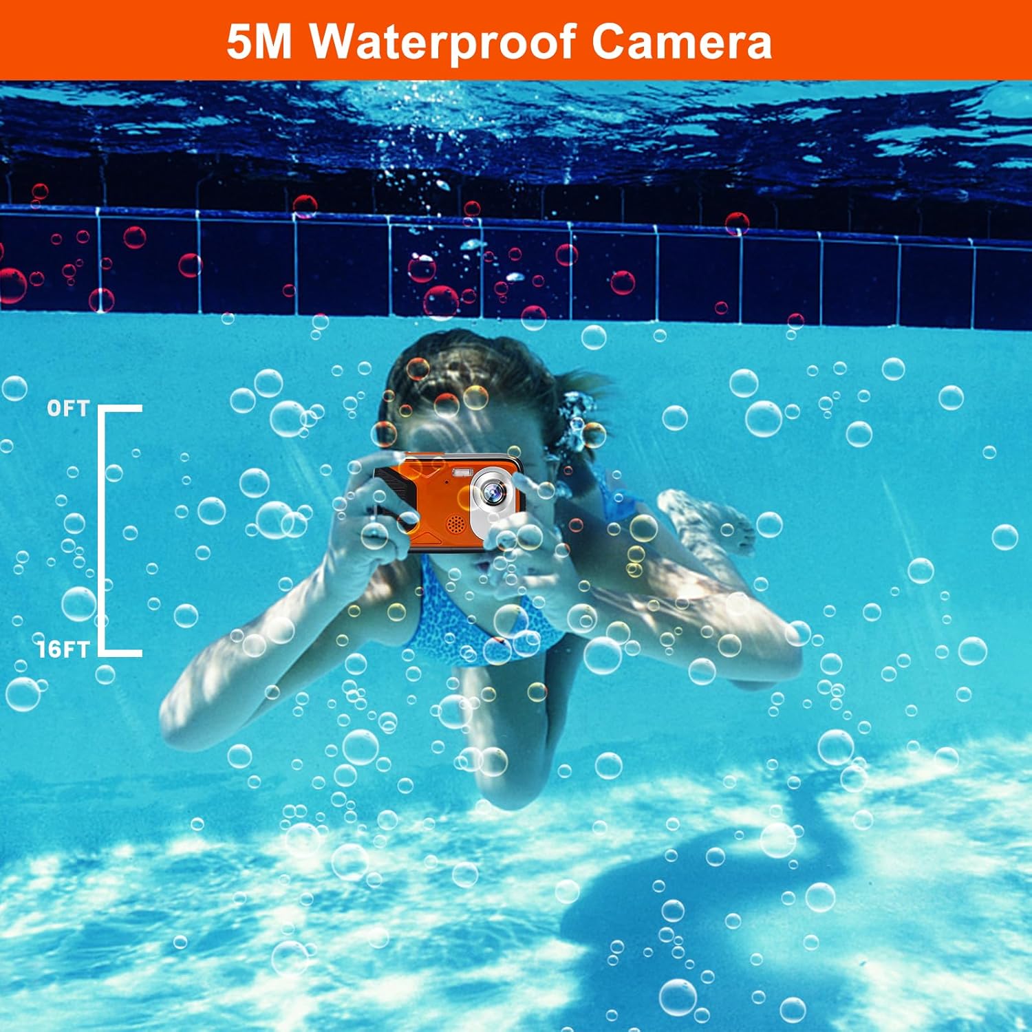 Waterproof Digital Camera 17FT 30MP Small Underwater Cameras with a Battery and 32GB Micro Card,Waterproof Camera for Snorkeling Fill Light Compact Cameras Orange