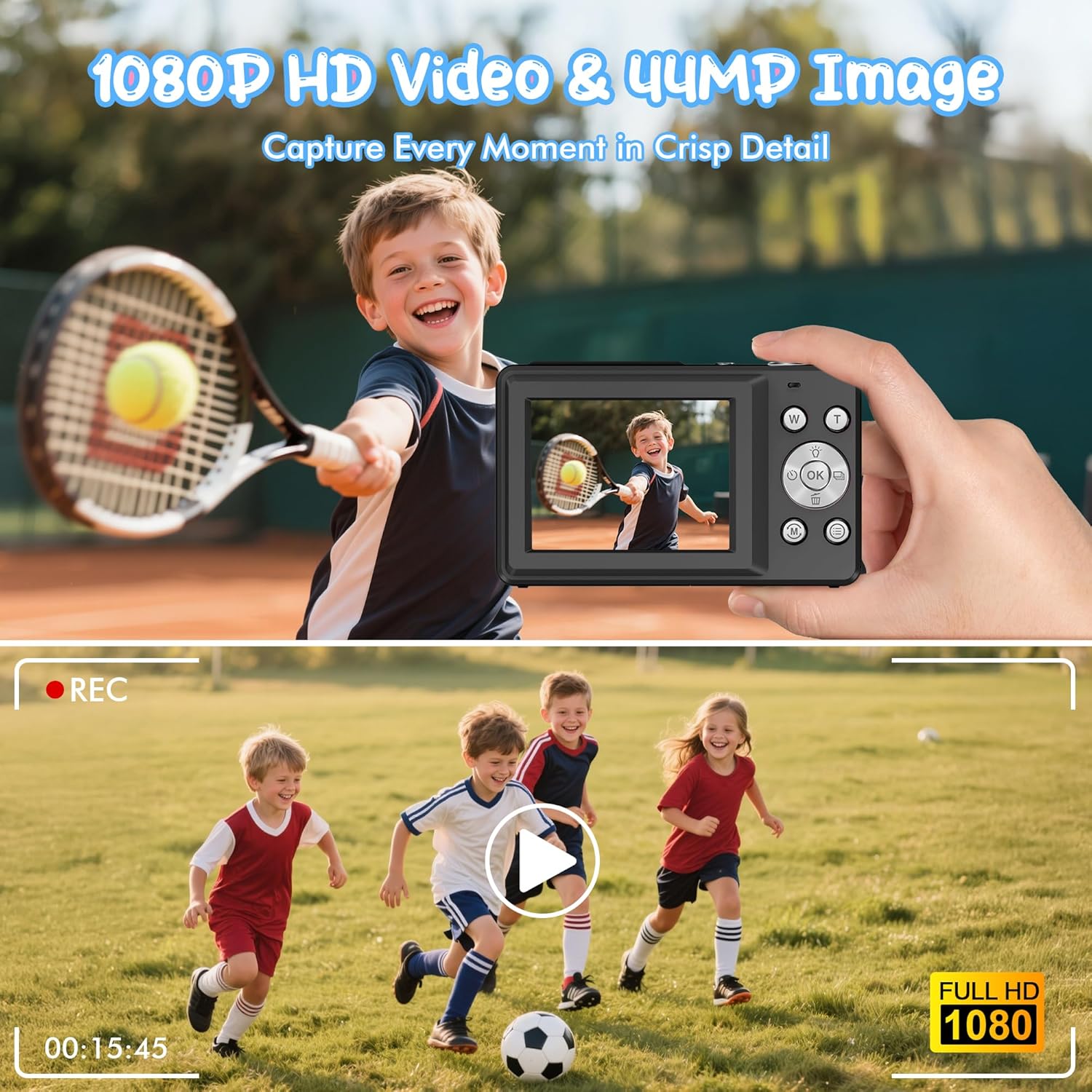 Digital Camera 1080P 44MP Vlogging Camera for Kids Teens, FHD Compact Portable Photo Camera with 2.4" Screen 16X Zoom, Anti-shake Mini Camera for Beginners Students Boys Girls-Black (No SD Card)