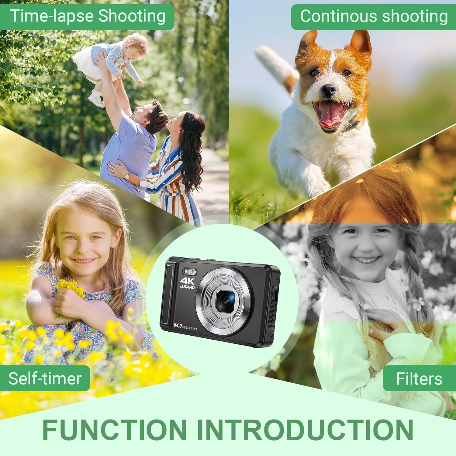 Digital Camera 4K 64MP Autofocus with Micro SD Card, 2.8" Screen Compact Vlogging Camera with 1200 mAh Battery, for Teens Students Beginners Black Compact