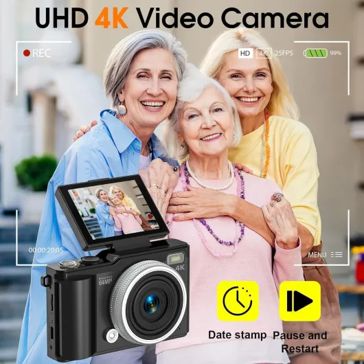 Digital camera, 4K 64MP Compact Digital Camera with Autofocus and Macro Function, 180° flip-up screen portable selfie cameras for photography and video with Micro SD Card for Beginners Teens Full-Size Black