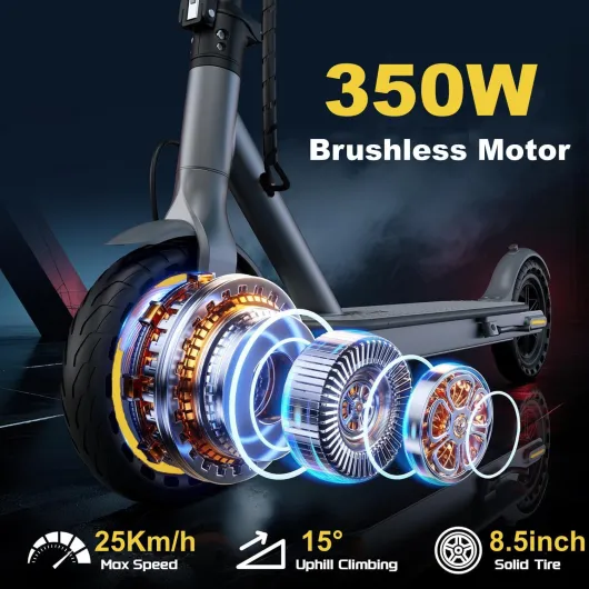 Electric Scooter, 350W Electric Scooter Adult with 25-35KM Range, Max Speed 25KM/H, 8.5" Solid Tire, Double Braking System for Adults and Teens Yellow-Gray