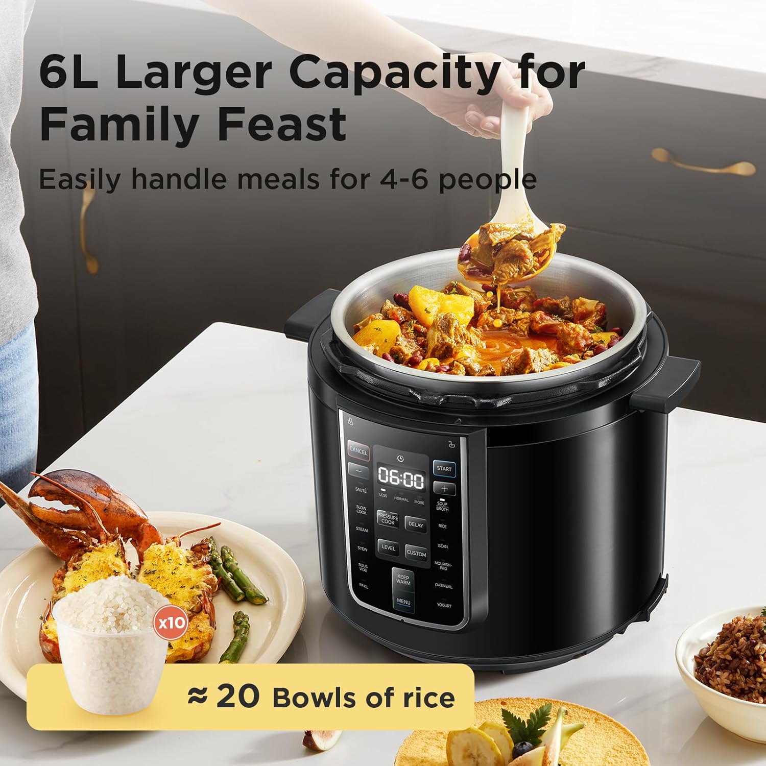 Pressure Cooker 6L, 70% Faster 14 Presets, Nourish Pro, 9-in-1 Multi Cooker(Yogurt Maker, Rice Cooker, Slow Cooker, Sauté, Steamer,etc.) Stainless Steels Inner Pot Non-Stick Dishwasher Safe 6 Litres Matt Black