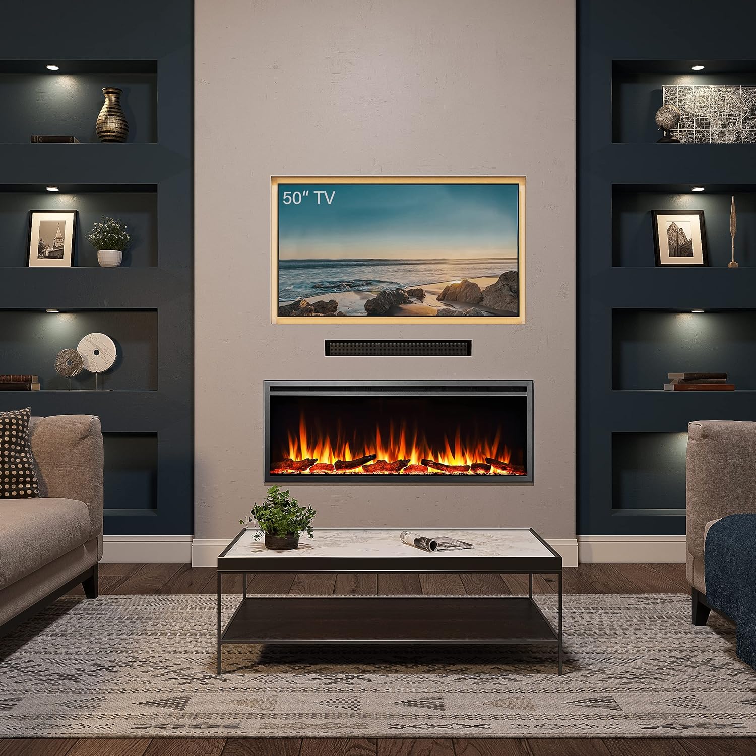 50"/127cm Castello Slim Frame Recessed Media Wall Inset Electric Fireplace with Multi Flame Colours 750W/1500W Black 50"/127cm