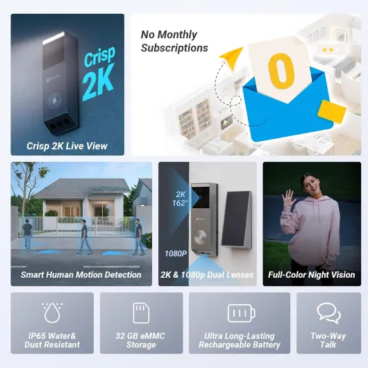 2K Video Doorbell Camera Wireless, 2.4GHz Wi-Fi, No Subscription, AI Human Package Detection, Colour Night Vision, 5200mAh Battery Capacity with Solar Panel, IP65 Waterproof (EP3X Pro)