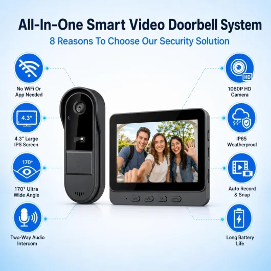 Wireless Video Doorbell with 1080P Camera, 4.3" IPS Screen Doorbell Camera Wireless with Display, 170°Wide Viewing Angle, 2-Way Audio Doorbells for Home, Without WiFi/App, Night Vision 170° Viewing Angle