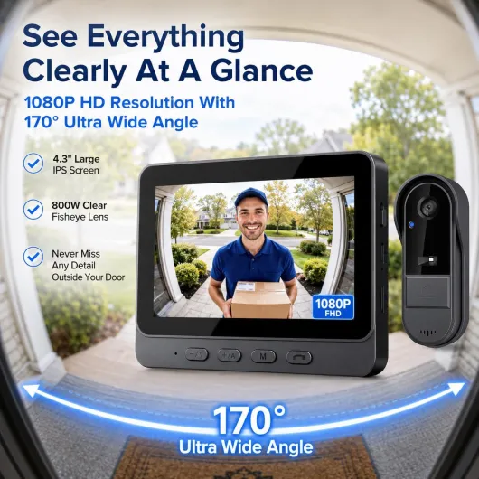 Wireless Video Doorbell with 1080P Camera, 4.3" IPS Screen Doorbell Camera Wireless with Display, 170°Wide Viewing Angle, 2-Way Audio Doorbells for Home, Without WiFi/App, Night Vision 170° Viewing Angle