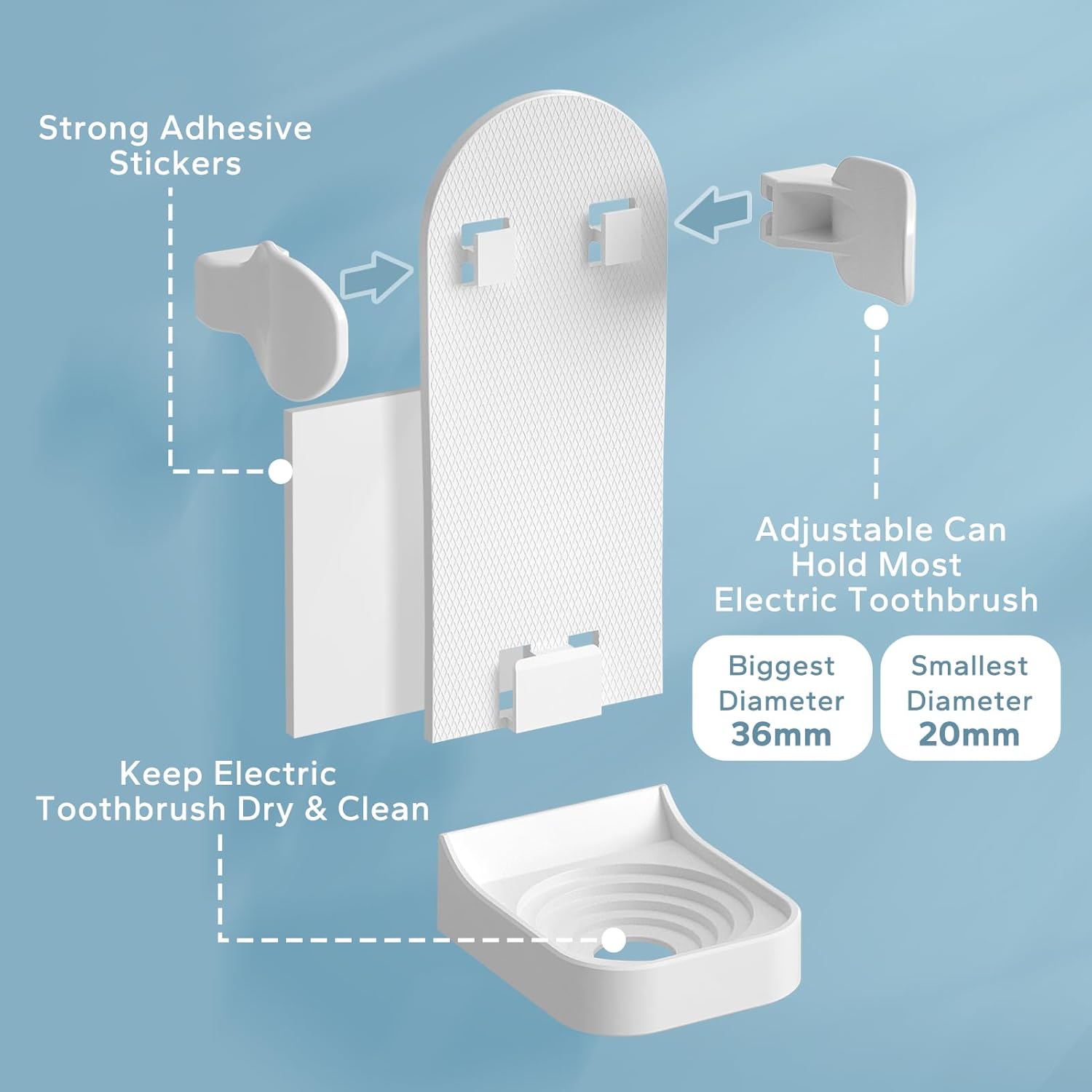 Electric Toothbrush Holder 2 Packs, Upgraded Strong Adhesive Electric Toothbrush Holder Wall Mounted, Adjustable Electric Toothbrush Stand Toothbrush Organizer for Bathroom (Universal), White White 2pcs
