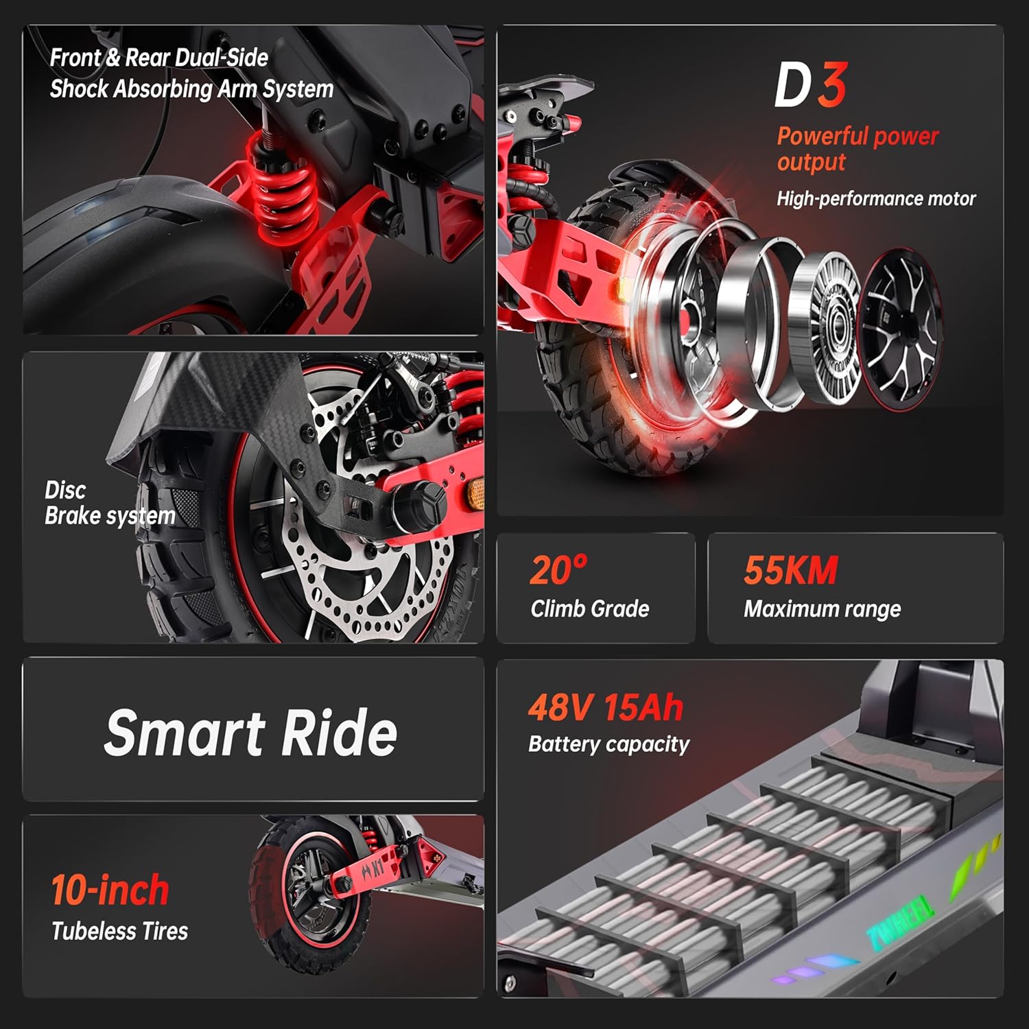 D3 Off Road Electric scooter for Adult - 10 Inches High-Speed Motor, 48V Smart BMS 80KM Long-Rang, Frong&Rear Suspension and Brake System, 150kg Max Load Single Motor Version