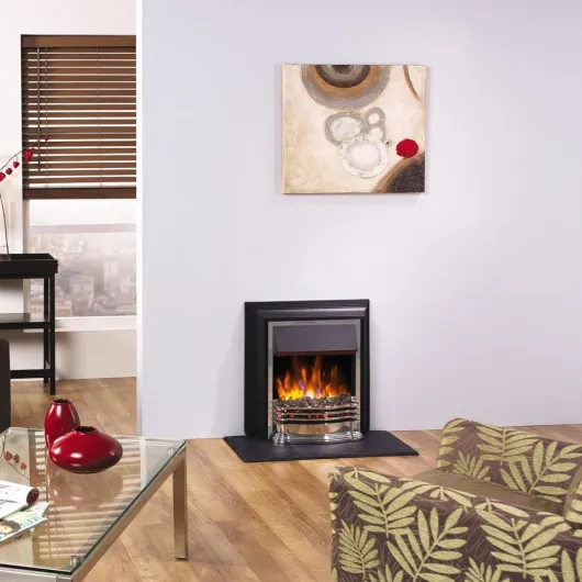 Detroit Deluxe Optiflame Freestanding Fire, Chrome Electric Fireplace with LED Flame Effect, Variable Flame Brightness, Real Coal or White Pebbles, 2kW Fan Heater and 1000/2000 Watt Settings Silver